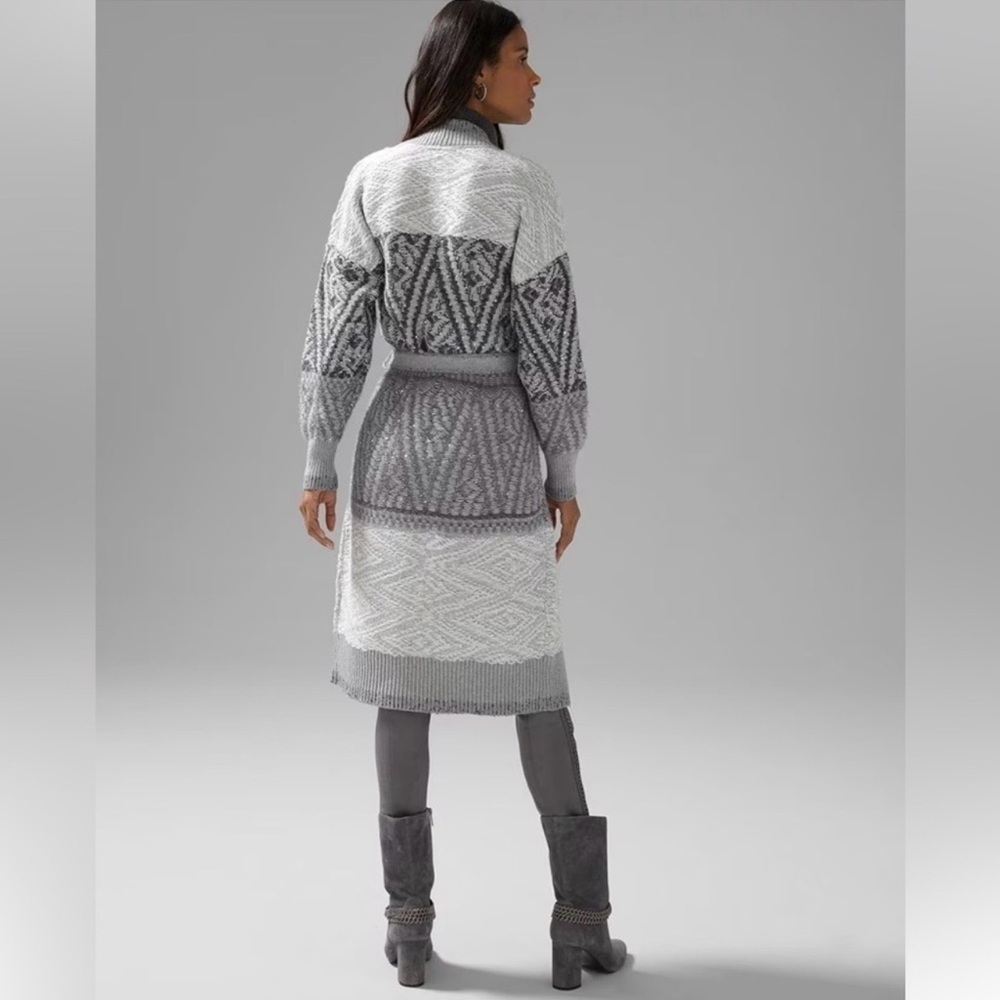 WHBM Gray White Sequin Cover Up Cardigan Sweater Coat Fair Isle Nordic Size M - Picture 3 of 15